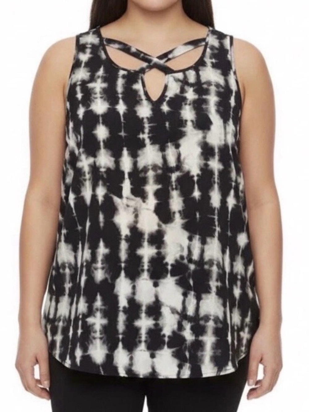 NWT Torrid Black White Tie-Dye Chiffon Keyhole Criss-Cross Tank Top Size 1